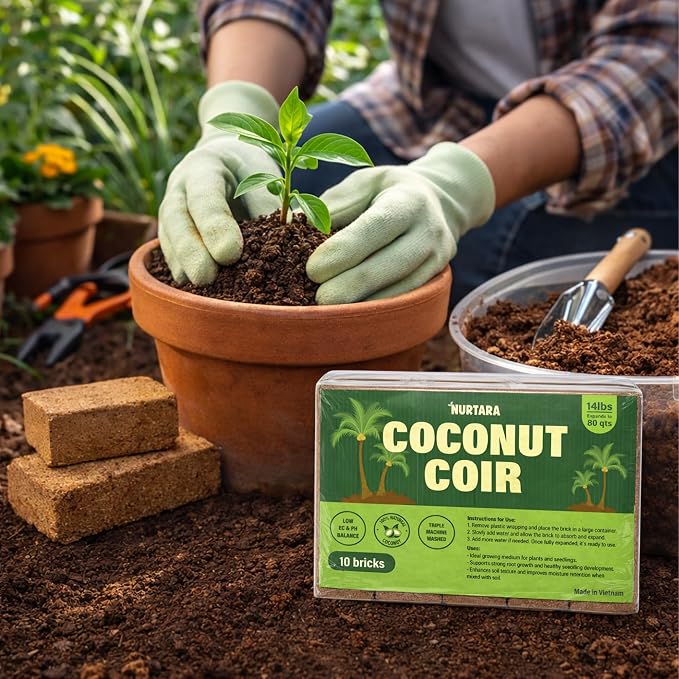 14 Lbs Bricks, Pack 10 Coconut Coir | 1.4 Lbs Each | Organic Compressed Cocopeat, Seed Starter Soil, Coconut Fiber for Reptile Terrarium, Potting Mix | Low EC, pH Balanced, Odor-Free