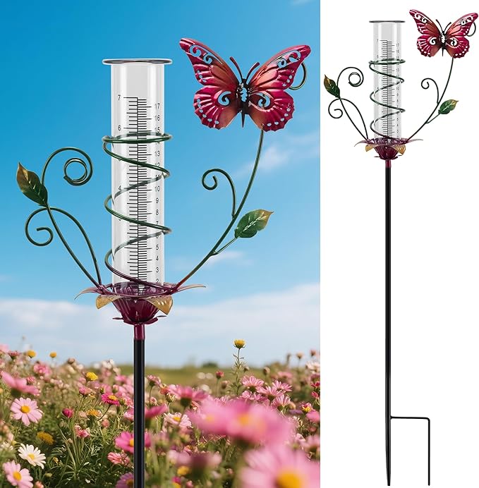 Butterfly Rain Gauge Outdoor Metal Rain Gauge Decorative with Stake Waterproof 8 Inch Rain Measure Gaugefor Yard Garden Patio Lawn