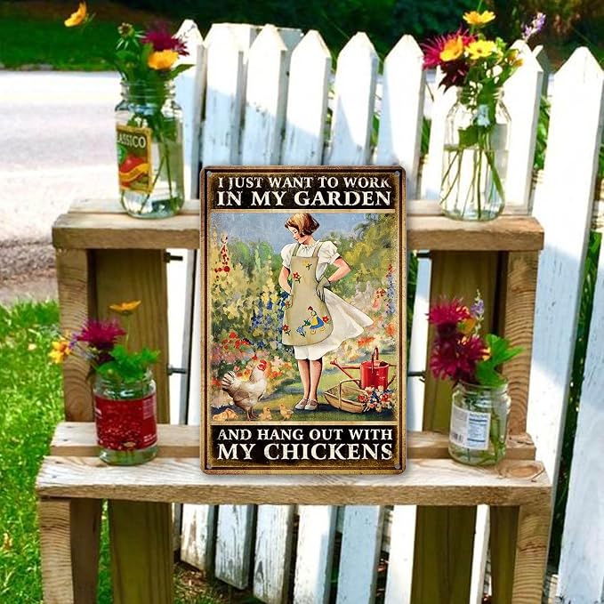 Chicken Signs For Coop Funny Garden Metal Tin Sign Vintage Chicken Sign Decor Farm Signs Outdoor Metal Gardening Girl Poster Tin Sign I Just Want To Work In My Garden And Hang Out With My Chickens