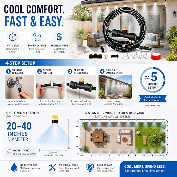 Misters for Outside Patio 63FT(19.2M)+21 Brass Mist Nozzles+a Brass Adapter(3/4") Detachable outdoor misting cooling system for Garden, waterpark, Greenhouse, Backyard, Fan, Umbrella, Deck, Canopy