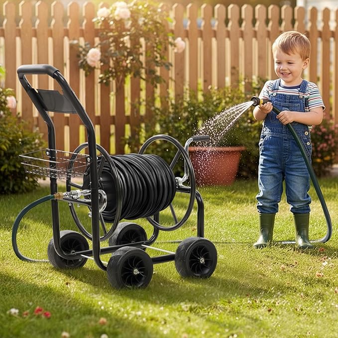 VINGLI 300FT 5/8in Garden Hose Reel Cart, 4-Wheel Portable Residential Hose Reel Cart, Hose Guide System with Storage Basket, Rust Resistant, for Family Yard, Garden and Farm (Black)