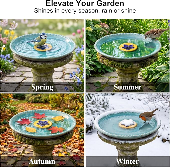 Topadorn 2" Depth Ceramic Birdbath & Birdfeeder for Small Birds Outdoors, 12.2'' Bird Bath Bowl for Vintage Garden Patio Yard Lawn Decor, Blue with Yellow Flower