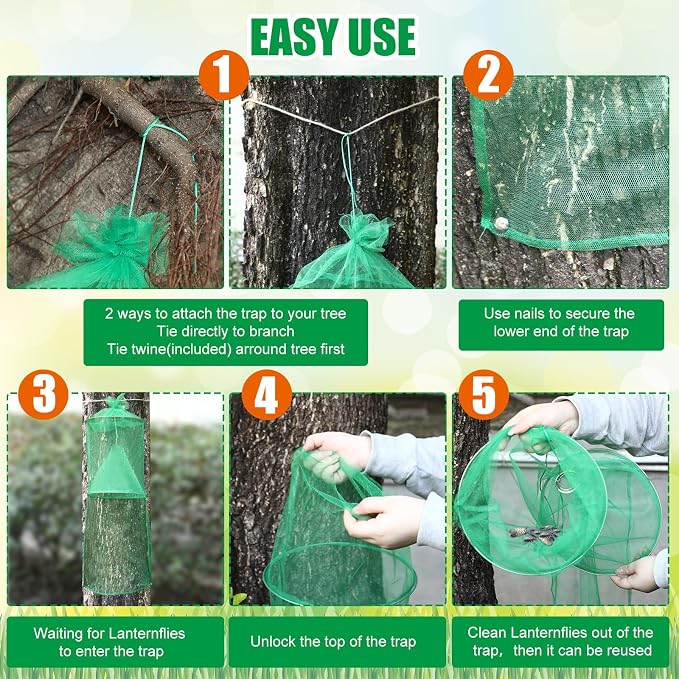 Qualirey 8 Pack Spotted Lanternfly Traps Lantern Fly Killer Mesh Tree Trap with Jute Rope and Nails Effective Way to Catch Lantern Flies and Nymphs (Green)
