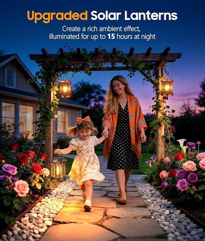 Solar Lanterns Outdoor Waterproof 4 Pack, Upgraded Solar Lantern Outdoor Lights with Metal Hooks Kit, Hanging Solar Lights for Outside Decorative Patio Yard Path Porch Garden Decor(Copper)