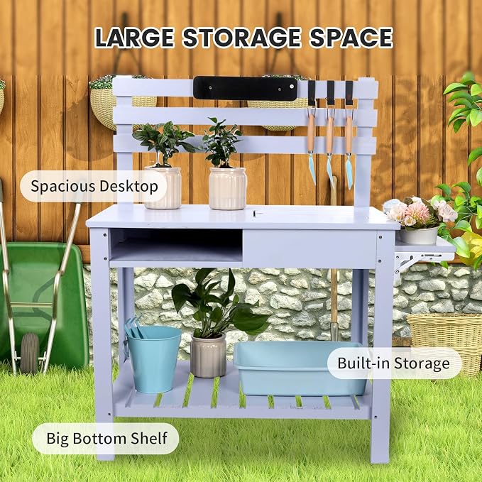 Potting Bench Outdoor Potting Table—Outdoor Kitchen for Kids, Solid Wood Garden Work Station with Sink、Hooks、3Flower Pots, Weather Proof