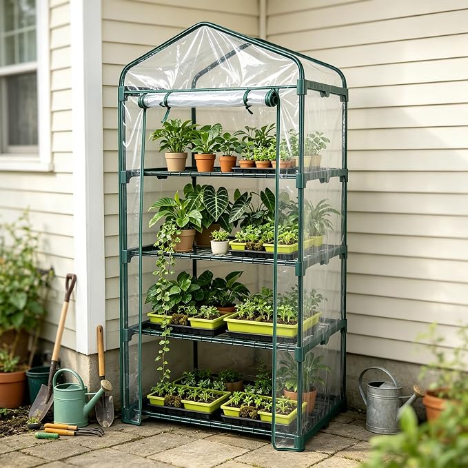 KOL 27x19x63 in PVC Cover 4-Tier Mini Greenhouse, Indoor Outdoor | Portable seed starter plant stand, winter orchid frost protection, for apartment balcony patio