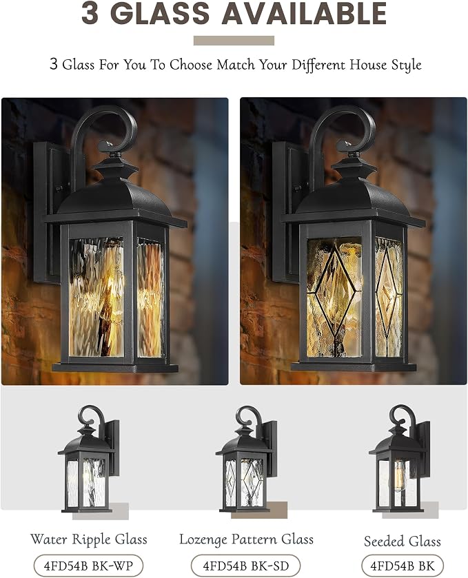 FEMILA Outdoor Wall Light Fixture,1-Light Exterior Waterproof Wall Sconce, Front Porch Lights, Matte Black Finish with Water Ripple Glass, UL Listed, 4FD54B BK-SD