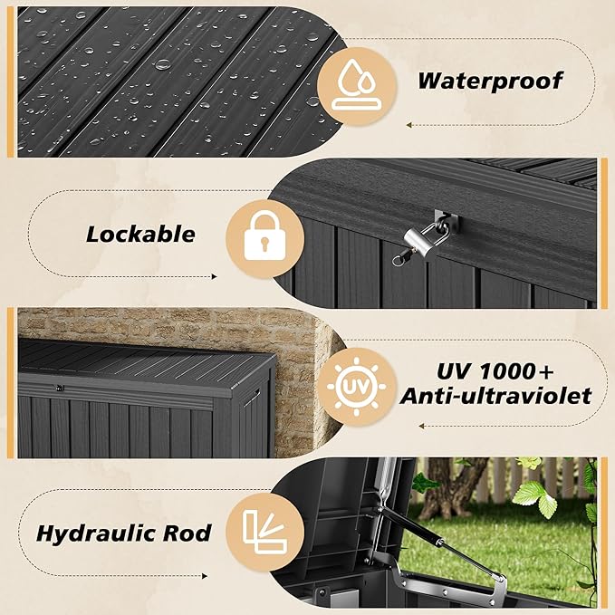 Fancyango 180 Gallon Outdoor Deck Box Waterproof, Large Storage Box for Patio, Resin Storage Bench Lockable for Garden Tools, Package Delivery, Black
