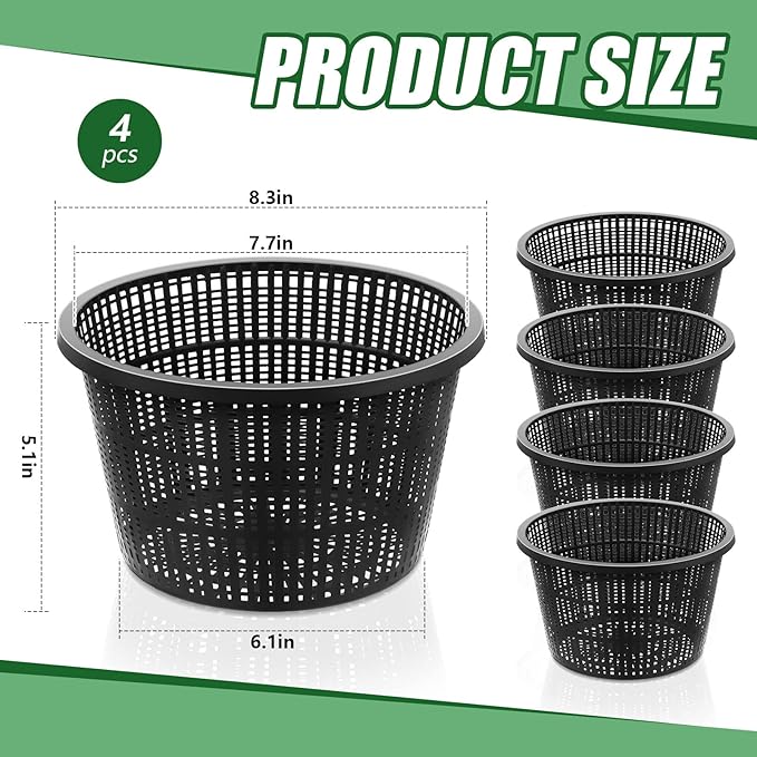 Roshtia 4 Pcs 8.35 Inch Hydroponic Baskets Aquatic Black Plastic Garden Mesh Net Pot Hydroponic Pots Slotted Pond Basket Aquarium Plant Pots for Lily Nursery Grow Planting Supplies