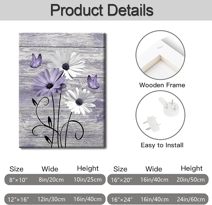 MYUSRE Farmhouse Purple Floral Wall Art for Living Room,White Daisy and Purple Butterfly on Rustic Wood Canvas Wall Art Country Flower Pictures for Bedroom Bathroom Office Wall Decor, 16L X 12W inches