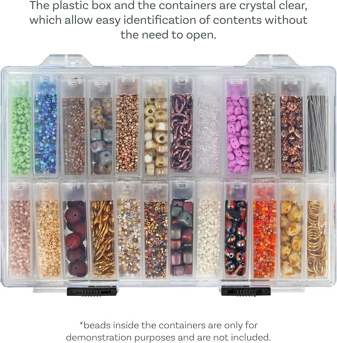 The Beadsmith Plastic Storage Box – 6.25″ L × 4.2″ W × 1.5″ H Clear Box w/ 24 Flip-Top Containers, Works for Storing Diamond Art Accessories, or as Nail Art or Craft Storage, or Other Small Parts
