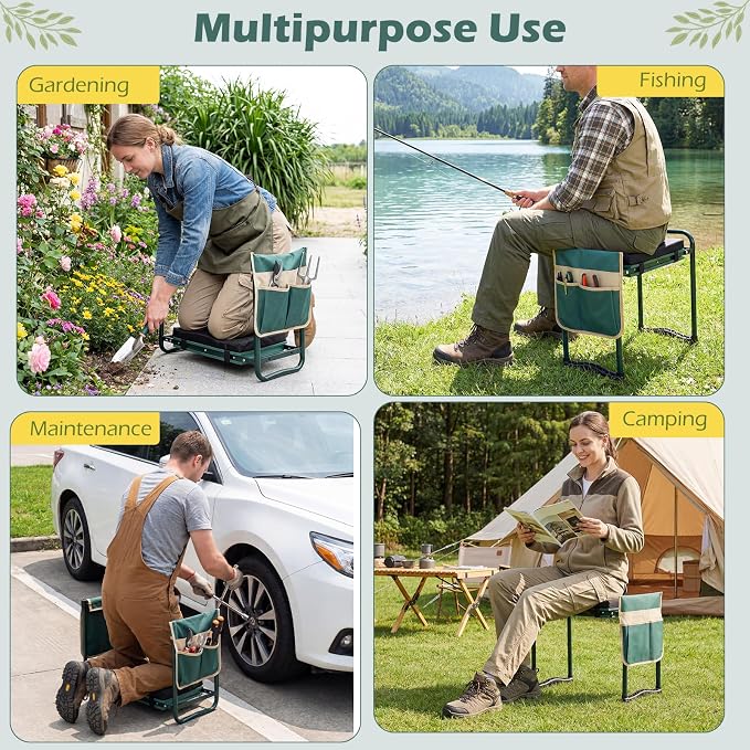 Goplus Foldable Garden Kneeler and Seat, 11" Wide 2-in-1 Gardening Bench, Detachable Thick EVA Foam Pad, 350 lbs Heavy-Duty Metal Frame, Tool Pouch, Portable Stool, Gardening Kit for Seniors (Green)