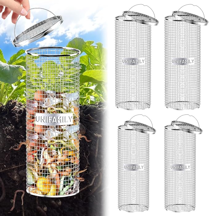 UNIFAMILY 4pack Inground Worm Composting Bin, Stainless Steel Outdoor Compost Bin with Handle, Worm Composter, Worms Bins for Composting Recycling Kitchen Food Waste
