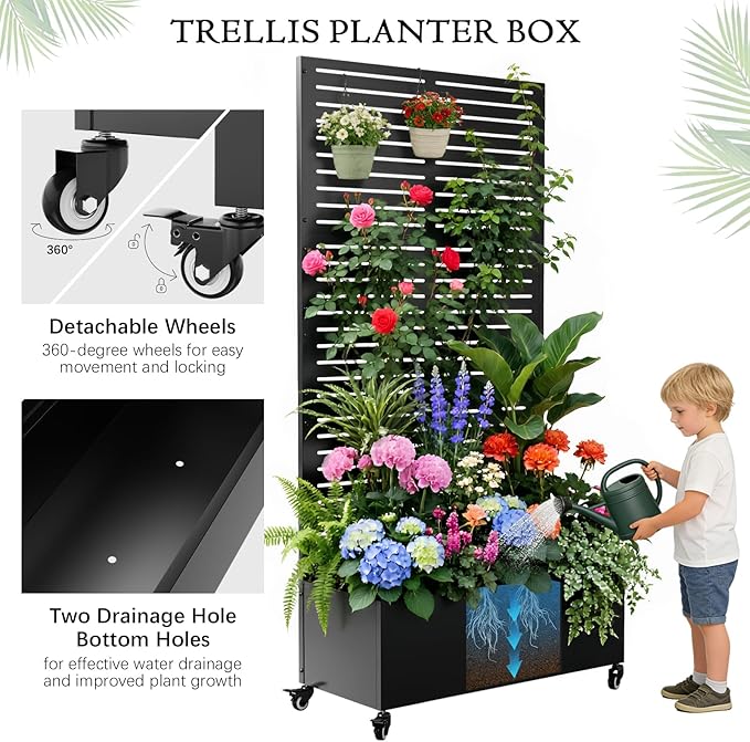 Baotree Metal Raised Garden Planter Bed, 72"x35"x16" Outdoor Planter Box with Trellis and Wheels for Climbing Plants, Vegetables & Vines, Features Drainage Holes and Privacy Screen (Black-Louvered)