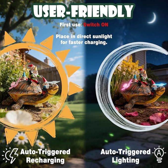 Funny Garden Gnomes Tortoise Decorations for Yard Statue with Solar Lights Outdoor Sculpture Decor