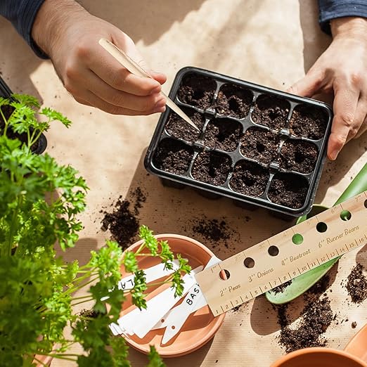 Spacer Tool Seeder Planting Ruler – Seeding Spacing Ruler Template with Plant Dibble, Precise Planting for Vegetable, Garden, Yard, Wooden with Holes