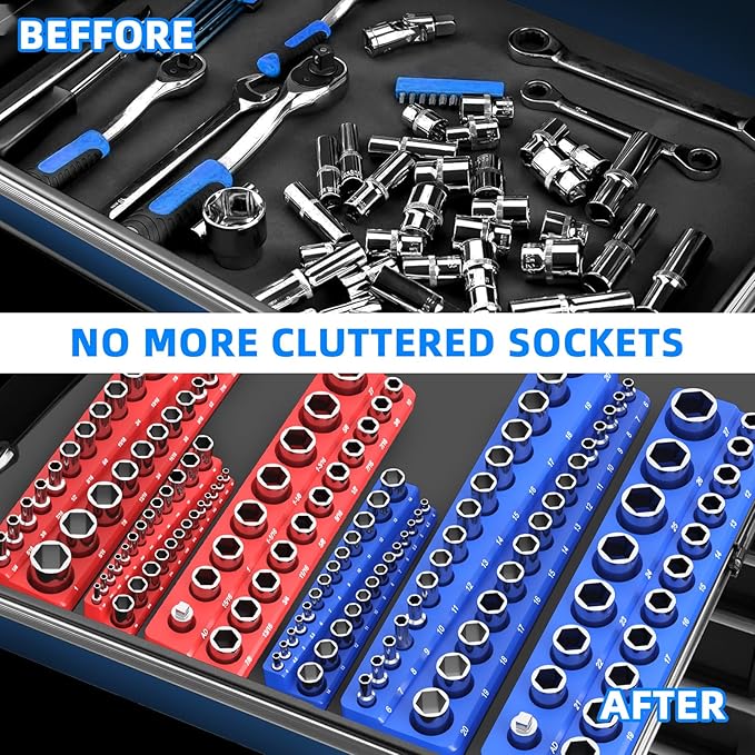 Magnetic Socket Organizer Set, 6-Piece Socket Holder Trays for 1/4" 3/8" 1/2" Drive, Holds up to 143 Sockets, Compatible with Metric and SAE Sizes (Blue & Red)