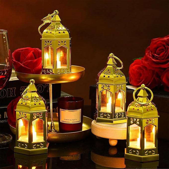 Hortsun 24 Pcs Vintage Lanterns Mini Lantern for Wedding Table Centerpiece Retro Decor with LED Candle Battery Powered Hanging for Medieval Wedding Cowboy Halloween Party Decoration Supplies(Glitter)