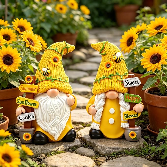 Sunflower Gnome Garden Decorations 2 PCS Resin Summer Figurines Cute Indoor Collectible Statue Outdoor Ornament for Table