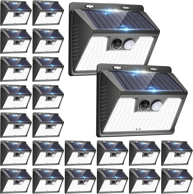 Peasur Solar Powered Lights Outdoor, 140 LED 24Pack Motion Sensor Light Outside, IP65 Waterproof Fence Security Lighting with 3 Modes for Yard Wall Garden Cool White