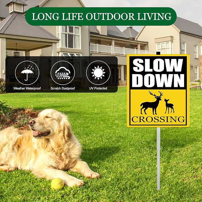 Deer Crossing Slow Down Yard Signs with Stake Safety Sign for Street Rustproof Reflective Aluminum Caution Drive Slowly Watch for Deer Sign Garden Animal Sign for Neighborhoods