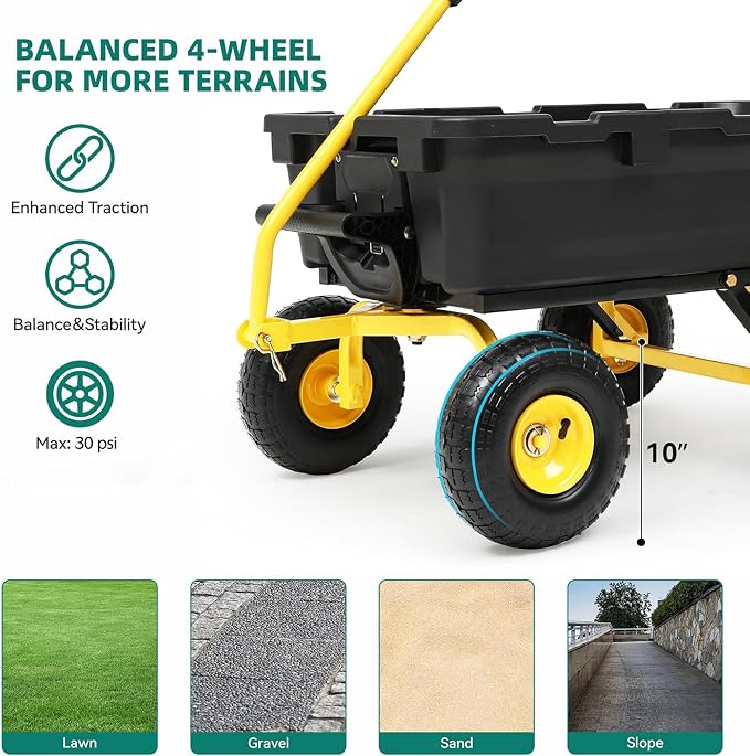 900LB Garden Dump Cart, 2026 Upgraded Heavy Duty Wheelbarrow Cart with 10" Non-Slip Pneumatic Tires & Quick-Release System, 4-Wheel Steel Frame Wagon for Transportation in Yard, Farm, Garden