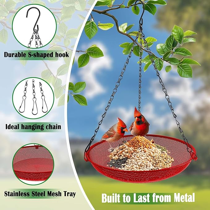Hanging Platform Bird Feeder, 12 in, Red | Metal Mesh Seed Tray, For Wild Birds, Outdoor Use