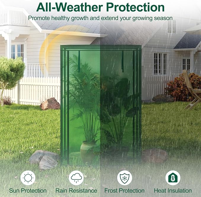 Giantex Portable Mini Greenhouse, Heavy Duty PE Cover, Elector-Coating Metal Frame, Waterproof Sun-Protective Tomato Green House with Roll-Up Zippered Door, Indoor Outdoor Green, 39" x 20" x 59"