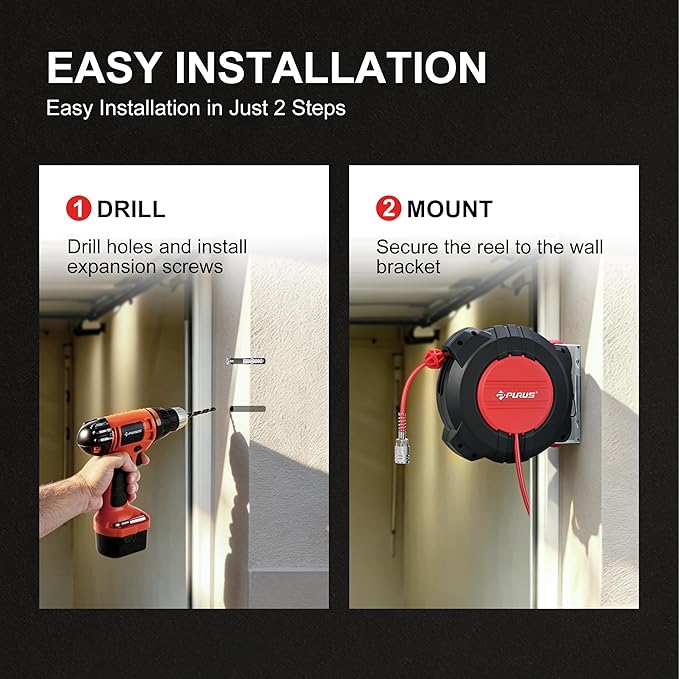 PURUS Retractable Air Hose Reel, 1/4" x 32ft, 180° Swivel Wall/Ceiling Mount, Auto Rewind, Hybrid Hose Max 145 PSI Pressure Air Compressor Hose Reel Quick Coupler for Workshop & Garage