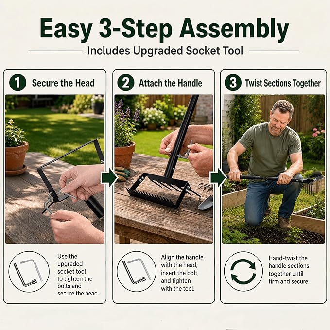 Gardzen 70" Garden Hoe for Weeding, Long Handle Hula Tool with Serrated Blade, Heavy Duty 2-in-1 Stirrup Scuffle Weeder, 5-Tine Cultivator Rake for Loosening Soil and Planting