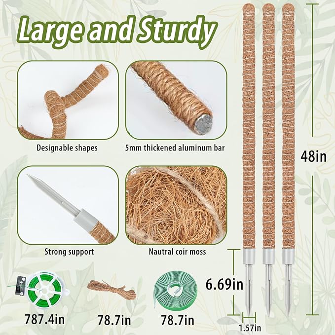 3 Pack Moss Pole, 48 Inch Monstera Plant Support, Moss Poles for Climbing Indoor Plants, Bendable Coco Coir Plant Support Stakes for Potted Plants, Pothos, Philodendron