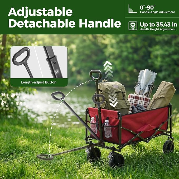 OLIXIS Collapsible Wagon 102L Standard Heavy Duty Utility Folding Wagon Cart with Lockable Brake Wheels – 330 lbs Weight Capacity, Flexible Handle for Beach, Grocery, Camping, Sports & Garden, Red