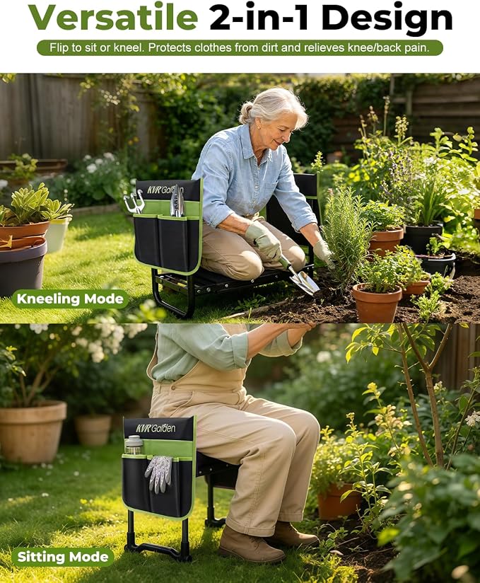 Garden Stool & Kneeler 7-Piece Set with 3 Aluminum Tools, Double-Layer Tote Bag & 2 Side Pouches - Foldable Gardening Bench Kit - Ideal Gifts for Women Mom Seniors (Light Green)