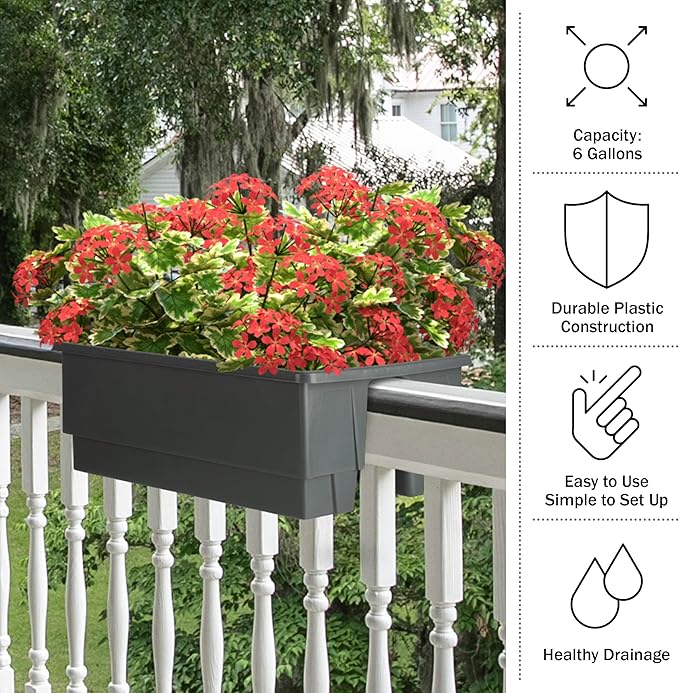 Pure Garden Railing Planter - 20.75-Inch Flower Box with Drainage Insert - 6-Gallon Outdoor Planter Box - Deck, Porch, or Balcony Planter (Gray)