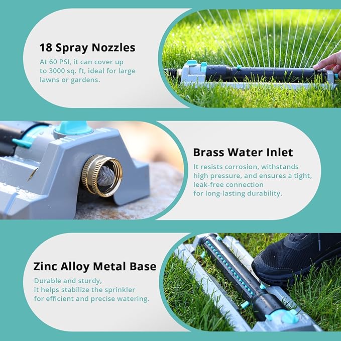 QUOBAS 2 Pack Heavy Duty Oscillating Sprinkler, 18-Hole Nozzle with Zinc Alloy Metal Base, Adjustable Flow Control & Spray Width, with Cleaning Pin, Garden, Yard