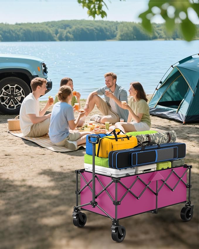 45.5" L Kitsure Collapsible Wagon - Heavy Duty Foldable Wagon with 440lbs Capacity, Adjustable Handle, Shopping Cart with Wheels for Camping, Groceries, Pink, 45.5" x 24.0" x 38.0"