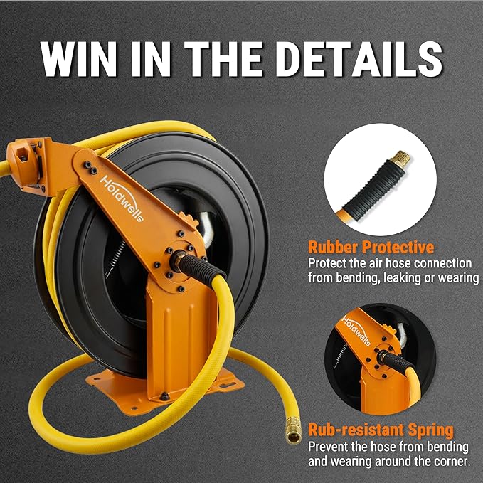 Retractable Air Hose Reel, 1/2" x 50FT EPDM Rubber Air Hose, 300PSI Max, Auto-Rewind & Length-Lock, 1/2" NPT Fitting, Ceiling/Wall Mount Heavy Duty Dual Arm Steel Reel for Workshop/Garage