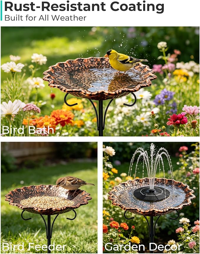 Metal Bird Bath for Outside, 10" Diameter Bird Bath with Heavy Duty 5-Prong Stake Base, Freestanding Outdoor Birdbath for Garden Patio Yard Lawn Decor (Antique Copper Pebble)