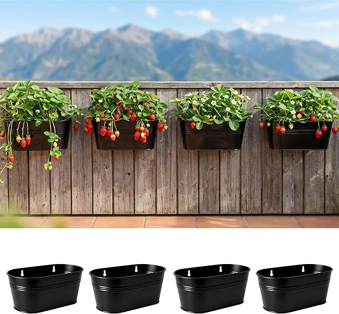 LaLaGreen Wall Planter (9.8 Inch, 4 Pack) Black Oval Metal Wall Hanging Decor Plant Holder for Mounted Indoor Flower Pots Balcony Railing Fence Window Decoration Porch Plants Pot Baskets Planters