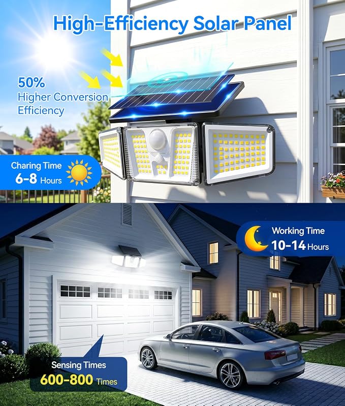 KOOPER 4 Pack Solar Flood Lights, 210 LED Motion Sensor Outdoor Lights, Solar Motion Lights Outdoor Waterproof, 3 Heads 300° Wide Angle Outdoor Security Lights for Yard Patio Garage Entryways, Black