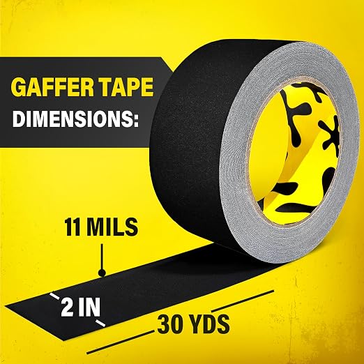 6-Pack Black Gaffers Tape - 2 inch x 30 Yards - Pro Water-Resistant Black Gaff Tape for Cables, Matte, Non-Reflective, Easy Tear by Hand, No Residue, Stage Marking, Photography, Audio, Video Setup