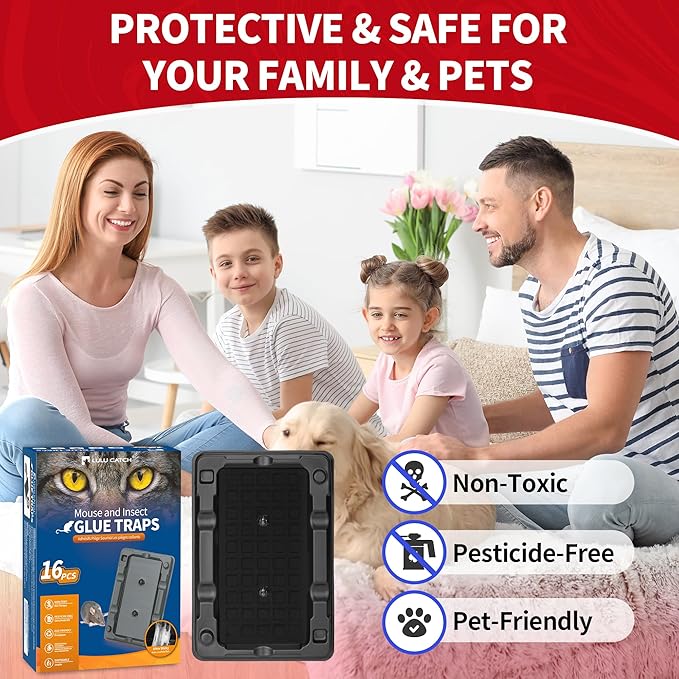 LULUCATCH Mouse Traps, 16 Pack Sticky Mouse Traps Indoor for Home, Pre-Baited Non-Toxic Bulk Glue Traps for Rats, Mice, Roach, Lizards, Pet Safe for Home & Garage, Easy to Use