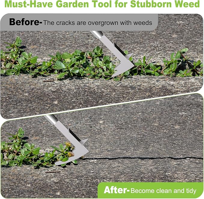 Crack Weeder, Stainless Steel Crevice Weeding Tool with 22'' to 64'' Adjustable Long Handle, L-Shaped Manual Weed Puller Spatula, Weed Remover Gardening Tool for Sidewalks Driveways Patio Pavers Rocks