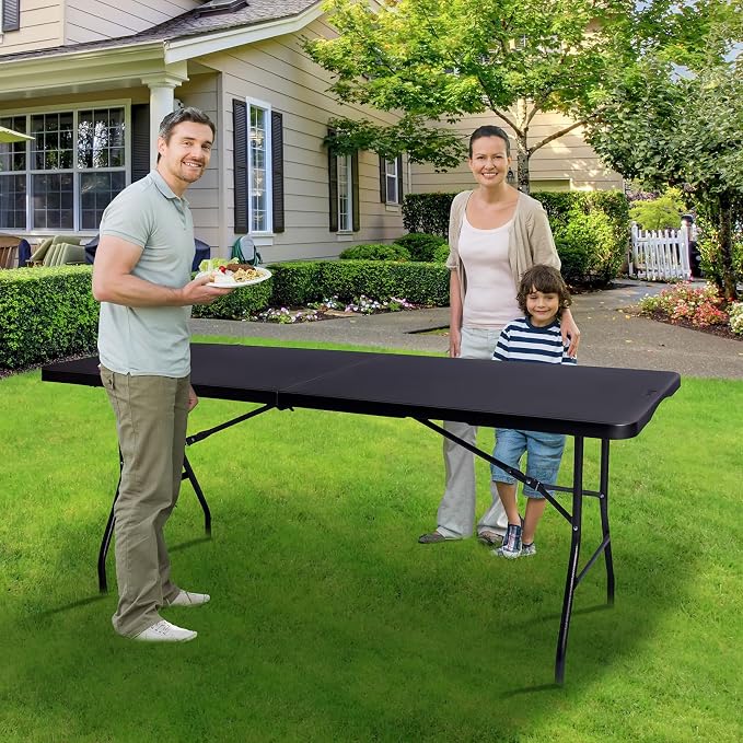 Byliable Folding Table 6ft Portable Heavy Duty Plastic Fold-in-Half 6 Foot Foldable Table Utility Dining Indoor Outdoor for Camping Picnic and Party, Black