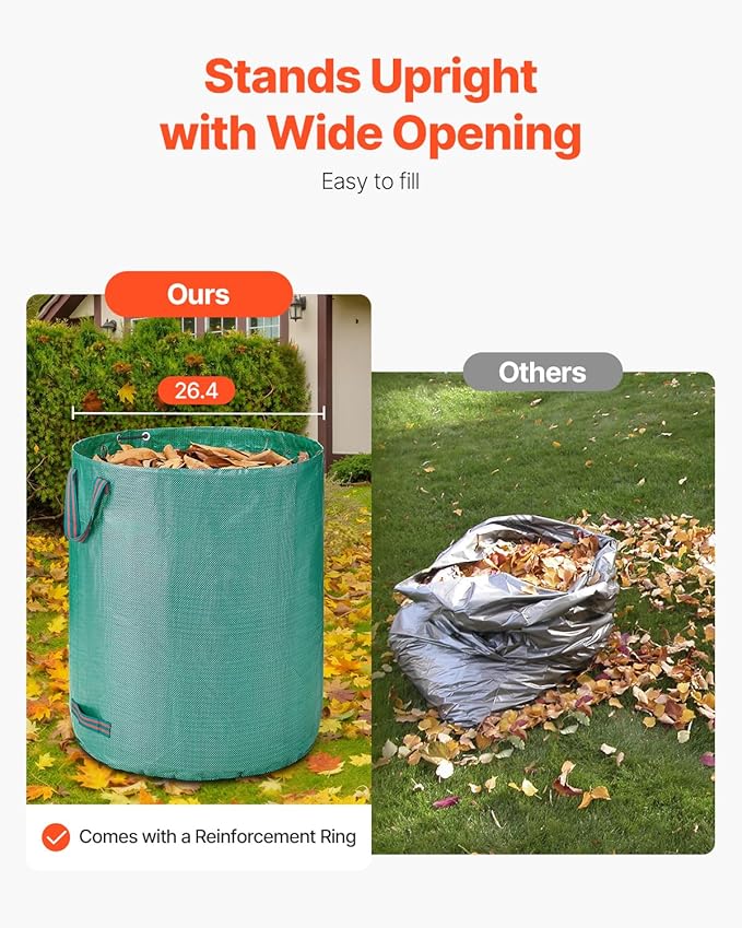 VEVOR 3-Pack 72 Gallon Reusable Yard Waste Bag, Large Lawn Garden Bags, Heavy Duty Collapsible Garden Leaf Trash Container, Stand-Up Grass Clipping Bin, with Reinforcement Ring and Handles, 26.4x30 in