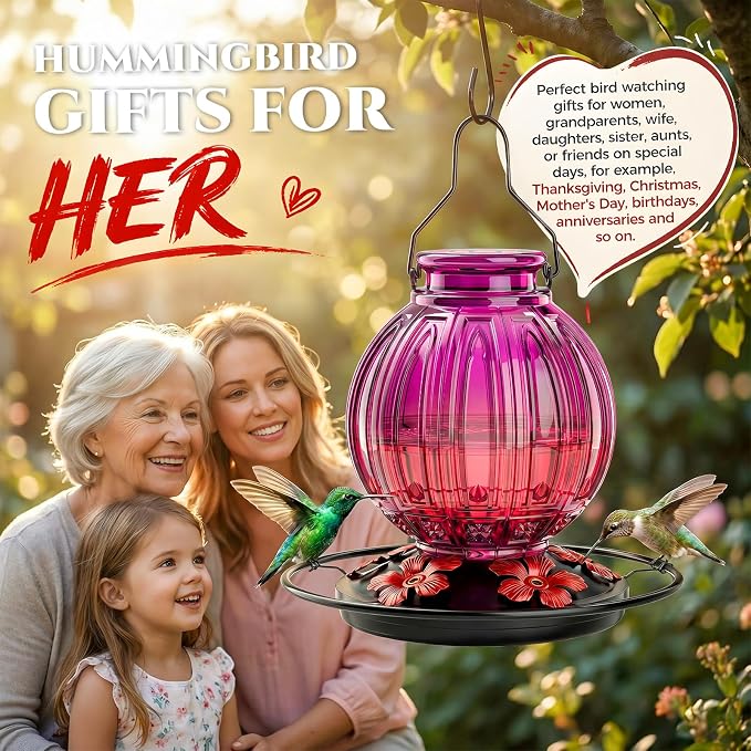 Glass Hummingbird Feeder for Outdoors Hanging, 26Oz Bird Nectar Feeder with Perch & 5 Flower Feeding Ports, Leak Proof for Outside Garden Decor Backyard, Gifts for Women Mom, Purple & Red