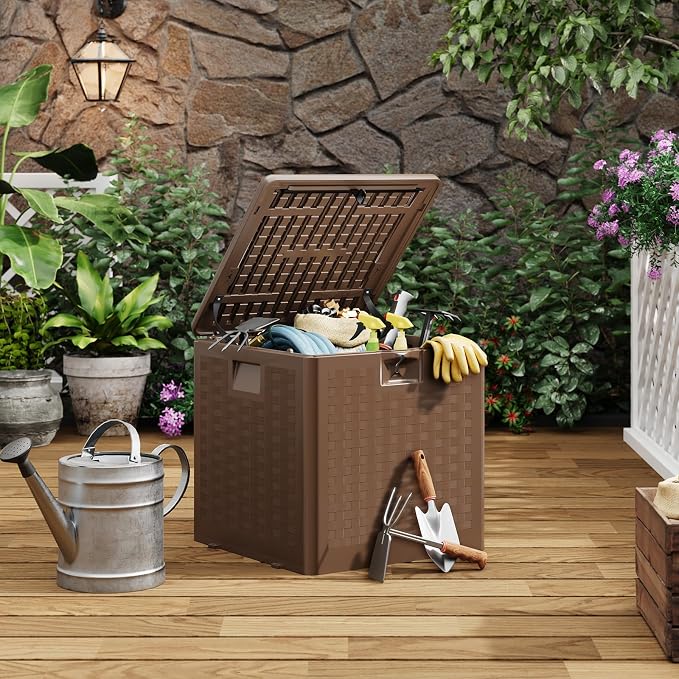 IDEALHOUSE 28 Gallon Resin Deck Box, Waterproof Outdoor Storage Box with Lockable Lid & UV Resistant, Patio Furniture Cushion Storage Container for Garden, Backyard, Poolside (Brown)