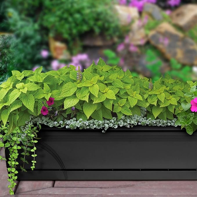 Southern Patio Set of 2 Planter Pots, 36 Inch Rectangular Indoor Outdoor Medallion Hanging Windowsill Garden Box Planters, Black