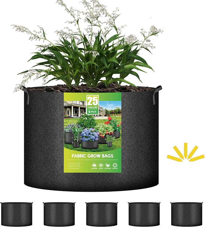 iPower 5-Pack 25 Gallon Plant Grow Bags Thickened Nonwoven Aeration Fabric Pots Heavy Duty Durable Container, Strap Handles for Garden, Black