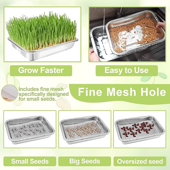 Stainless Steel Sprouts Growing Kit 4-Tier 12.4 inch Trays, Microgreens Growing Kit, Seed Sprouting Tray with Encrypted Mesh Sprouts for Beans Alfalfa Broccoli Wheat Grass